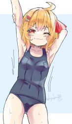 Rule 34 | 1girl, ahoge, arms up, blonde hair, cowboy shot, dot nose, food-themed hair ornament, hair ornament, hair ribbon, hairclip, highres, looking at viewer, melon hair ornament, old school swimsuit, one eye closed, red eyes, red ribbon, ribbon, rumia, sakuyabm, school swimsuit, short hair, smile, solo, stretching, swimsuit, touhou, two-tone background, water drop, wet, wet hair