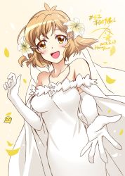 1girl blonde_hair blush breasts dress gloves highres kanna_(plum) medium_breasts senki_zesshou_symphogear short_hair tachibana_hibiki_(symphogear) veil wedding_dress yellow_eyes