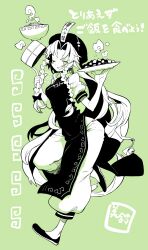 1girl absurdres artist_name bamboo_steamer blush blush_stickers bow bowl braid breasts china_dress chinese_clothes collared_dress commentary copyright_name curtained_hair dress fang flats food full_body green_background greyscale_with_colored_background grin hair_bow hands_up hat high_contrast highres holding holding_plate hong_meiling leg_up long_hair looking_at_viewer meandros meandros_trim morino_hon noodles one_eye_closed pants pants_under_dress plate puffy_short_sleeves puffy_sleeves shoes short_sleeves simple_background smile solo standing standing_on_one_leg symbol-only_commentary touhou translated twin_braids very_long_hair