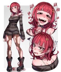 1girl ? ?? absurdres arched_bangs bandaid bandaid_on_cheek bandaid_on_face bare_shoulders belt black_belt black_boots black_choker black_eyes black_pantyhose black_shirt blush boots border bra_strap breasts choker cigarette collarbone commentary cropped_shoulders dilan_griz ear_piercing earrings english_commentary full_body grey_background grey_shirt hair_ornament hairclip heart highres holding holding_cigarette jewelry kat_(dilan_griz) laughing long_sleeves looking_at_viewer medium_breasts medium_hair multiple_views necklace off-shoulder_shirt off_shoulder open_mouth original outside_border pantyhose parallel_hairclips piercing red_eyes red_hair shirt smile spiked_boots spiked_choker spikes standing striped_clothes striped_shirt teeth tongue torn_clothes torn_pantyhose two-tone_shirt white_border