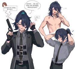1boy 1girl aqua_eyes belt black_belt black_eyes black_hair chest_harness closed_eyes english_text full-stop_office_(identity)_(project_moon) harness heterochromia highres hong_lu_(project_moon) limbus_company long_hair moony_(past_desiderium) multiple_views open_mouth original past_desiderium ponytail project_moon russian_text simple_background smile solo_focus speech_bubble translated white_background