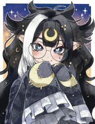 1girl absurdres ahoge black-framed_eyewear black_hair blue_eyes blush border closed_mouth commission crescent crescent-shaped_pupils crescent_earrings earrings eyeliner fangs fangs_out frilled_sleeves frills glasses hands_up highres indie_virtual_youtuber jewelry long_hair long_sleeves looking_at_viewer makeup multicolored_hair pointy_ears pon01648484 red_eyeliner round_eyewear second-party_source sleeves_past_fingers sleeves_past_wrists smile solo sparkle spuwkie star_(sky) star_(symbol) streaked_hair symbol-shaped_pupils two-tone_hair upper_body very_long_sleeves virtual_youtuber wavy_hair white_border white_streaks wide_sleeves