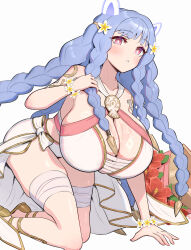 1girl absurdres all_fours bare_legs bent_over bikini blue_hair blush body_markings braid breasts cleavage cornucopia fire_emblem fire_emblem_heroes flower gonzarez hair_flower hair_ornament heidrun_(fire_emblem) heidrun_(summer)_(fire_emblem) highres huge_breasts kneeling long_hair looking_at_viewer nectar nintendo official_alternate_costume open_mouth parted_lips red_eyes sandals skindentation solo swimsuit teeth thick_thighs thighs very_long_hair wet white_background white_bikini