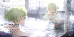 2girls absurdres alternate_hairstyle blue_archive blush double_bun from_behind green_hair green_halo hair_between_eyes hair_bun halo hayate_(1034853996) highres hikari_(blue_archive) loli long_hair looking_at_viewer multiple_girls naked_towel nozomi_(blue_archive) onsen open_mouth partially_submerged pointy_ears siblings sidelocks sisters towel twins yellow_eyes
