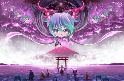 2boys 6+girls anniversary aqua_eyes aqua_hair arms_up arrow_(projectile) artist_name axe backlighting bare_shoulders battle_axe blonde_hair blue_hair blue_kimono blue_robe bow bow_(weapon) bracelet brown_hair clone cloud cloudy_sky commentary demon_horns detached_sleeves eclipse floating from_behind grey_sky hagoromo hair_bow hakama hakama_skirt hat hatsune_miku highres holding holding_axe holding_bow_(weapon) holding_mace holding_polearm holding_sword holding_weapon horns japanese_clothes kagamine_len kagamine_rin kaito_(vocaloid) kimono large_hat lightning lolita_majin long_hair looking_at_viewer mace megurine_luka meiko_(vocaloid) miko mikudayo monk mount_fuji mountainous_horizon multiple_boys multiple_girls multiple_persona ocean open_mouth outdoors outstretched_arm outstretched_arms own_hands_together pink_hair plectrum polearm praying purple_eyes rain reaching red_skirt rice_hat robe scenery shawl shinto shirt shiteyan&#039;yo short_hair skirt sky sleeveless sleeveless_shirt smile spiked_hair statue studded_bracelet sword t-pose toga torii twintails very_long_hair very_wide_shot vocaloid wading weapon what white_bow white_shirt white_sleeves wide_sleeves