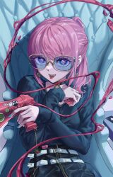 1girl absurdres ace_(playing_card) ace_of_diamonds belt black_choker blue_eyes braid breasts card ch4nge_(cevio) chair choker crossed_arms diamond_(shape) diamond_earrings earrings fangs french_braid highres holding holding_megaphone jewelry kaf_(kamitsubaki_studio) kamitsubaki_studio leather_skirt long_sleeves looking_at_viewer low-cut medium_breasts megaphone multicolored_eyes multiple_belts pavo543 piercing pink_hair playing_card ponytail red_eyes short_ponytail sidelocks sleeves_past_wrists solo sticker sunglasses swept_bangs tongue tongue_out tongue_piercing upper_body upturned_eyes virtual_youtuber white_belt yellow_pupils zipper