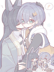 ! 2girls absurdres animal_ears belle_(zenless_zone_zero) black_hair black_necktie black_skirt blue_hair braid chibi closed_eyes clothes_writing collared_shirt commentary_request earrings fox_ears fox_girl green_eyes green_jacket hair_ornament half_up_braid hand_on_another&#039;s_head heart highres hoshimi_miyabi id_card jacket jewelry letter_hair_ornament long_hair multiple_girls necktie red_eyes shirt short_hair skirt spoken_exclamation_mark white_background white_shirt yuri zenless_zone_zero zzzii0
