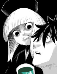 1boy 1girl angry black_background black_hair blunt_bangs closed_mouth cup fate/grand_order fate_(series) fujimaru_ritsuka_(male) hat japanese_clothes kimono looking_at_another looking_down looking_up meme monochrome open_mouth parody scared sen_no_rikyu_(fate) sen_no_rikyu_(second_ascension)_(fate) shingeki_no_kyojin white_hair yakuoyoso