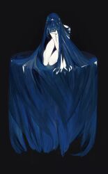 Rule 34 | 1other, absurdly long hair, black background, blue hair, colored skin, completely nude, facing down, full body, hair over eyes, highres, houseki no kuni, lapis lazuli (houseki no kuni), long hair, nude, opood, other focus, simple background, sitting, solo, very long hair, white skin