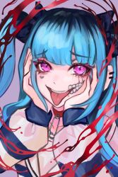 1girl amemiya_darumi black_hair blue_hair collar collarbone eyelashes female_focus heart highres long_hair looking_at_viewer makeup multicolored_hair open_mouth pink_eyes purple_background runny_makeup safety_pin shirt simple_background solo solo_focus striped_clothes striped_shirt the_hundred_line_-last_defense_academy- tongue tongue_out twintails