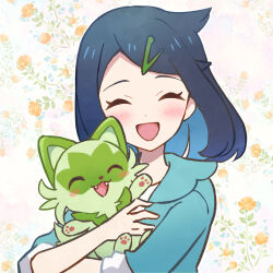 Rule 34 | 1girl, :d, black hair, blush, closed eyes, colored inner hair, cowlick, crossed arms, facing viewer, flower, green jacket, hair ornament, hairclip, happy, haru (haruxxe), highres, holding, holding pokemon, jacket, liko (pokemon), medium hair, multicolored hair, nintendo, open mouth, pokemon, pokemon (anime), pokemon (creature), pokemon horizons, shirt, smile, sprigatito, swept bangs, white background, white shirt