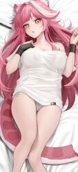 Rule 34 | 1girl, absurdres, animal ear fluff, animal ears, bed sheet, black gloves, blunt bangs, breasts, commentary, english commentary, gloves, highres, hololive, hololive english, large breasts, long hair, looking at viewer, lying, messy hair, multicolored hair, no pants, on back, open mouth, paid reward available, panther ears, panther girl, panther tail, panties, partially fingerless gloves, pink hair, raora panthera, shirt, short sleeves, side-tie panties, sidelocks, single glove, single off shoulder, solo, somebody (leiking00), streaked hair, t-shirt, tail, underwear, very long hair, virtual youtuber, white hair, white panties, yellow eyes