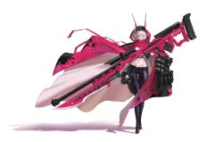 1girl 99deok bayonet black_bra black_pants bra cloak eyewear_on_head floating_clothes gas_mask gun highres holding holding_gun holding_weapon hood hooded_cloak horns huge_weapon invisible_floor looking_at_viewer mask medium_hair navel original pants pink_cloak pouch purple_eyes rifle shadow simple_background solo standing stomach thigh_pouch underwear weapon white_background white_hair