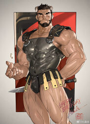 Rule 34 | 1boy, alca (wakatanka4), animal ears, artist name, bara, beard, border, borrowed character, brown eyes, brown hair, chinese commentary, closed mouth, coin, collarbone, commentary, facial hair, feet out of frame, grey border, gyee, happy birthday, highres, holding, holding sword, holding weapon, light smile, lion boy, lion ears, male focus, muscular, muscular male, mustache stubble, original, outside border, pectorals, solo, stubble, sword, thick thighs, thighs, tooboshoo, watermark, weapon, weibo watermark