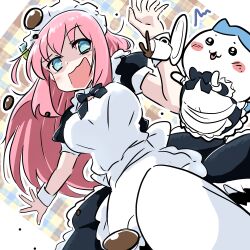 Rule 34 | 1girl, :3, :d, alternate costume, blue eyes, blush, bocchi the rock!, breasts, chiikawa, commentary request, cowboy shot, crossover, enmaided, gotoh hitori, hachiware (chiikawa), highres, large breasts, long hair, maid, maid headdress, navyblue konjac, one side up, open mouth, pink hair, plaid background, puffy short sleeves, puffy sleeves, shaded face, short sleeves, sidelocks, smile, spilling