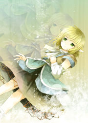 1girl arm_warmers bad_id bad_pixiv_id blonde_hair dutch_angle female_focus green_eyes ichitaro mizuhashi_parsee pointy_ears scarf short_hair skirt solo touhou