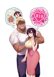 1boy 1girl absurdres blonde_hair blue_pants blush bow braid breasts brown_eyes censored colored_inner_hair commentary_request content_rating curtained_hair dark-skinned_male dark_skin double-parted_bangs ear_piercing embarrassed english_text feet_out_of_frame fingernails grin hair_between_eyes hair_bow half_up_braid hand_on_own_chest hands_on_another&#039;s_shoulders heart high-waist_skirt highres imagining inuyoshi_akira kuma_to_usagi_wa_tomodachi_de_wa_irarenai kumasaka_takeru large_breasts long_bangs looking_at_another looking_down looking_up medium_skirt mosaic_censoring multicolored_hair muscular muscular_male open_mouth pants parted_bangs piercing pink_bow pink_skirt purple_eyes purple_hair ribbed_sweater shirt short_hair short_sleeves simple_background skirt sleeveless sleeveless_sweater smile speech_bubble standing sweat sweater sweater_tucked_in thought_bubble tight_clothes tight_shirt tozawa_kiyoka two-tone_hair veins veiny_arms white_background white_shirt yellow_sweater