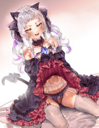 1girl absurdres animal_ears armpit_crease bare_shoulders black_dress black_ribbon blunt_bangs blush bow bow_panties breasts cat_ears cat_girl cat_tail choker clothes_lift clothes_pull collarbone criss-cross_halter curly_hair dress dress_lift dress_pull flashing frilled_choker frilled_dress frills garter_belt garter_straps gothic_lolita gradient_hair grey_hair groin hair_ornament hair_over_shoulder hair_ribbon half-closed_eyes halterneck highres holding holding_unworn_clothes holding_unworn_dress hololive kuroi_suna lifting_own_clothes lingerie lolita_fashion long_hair looking_at_viewer multicolored_hair murasaki_shion navel nervous_smile nervous_sweating off-shoulder_dress off_shoulder open_mouth panties panties_over_garter_belt purple_panties ribbon scrunchie short_eyebrows sidelocks sitting skindentation small_breasts smile solo sweat sweatdrop tail tail_ornament tail_ribbon thighhighs twintails two-tone_dress underwear v-shaped_eyebrows virtual_youtuber wariza white_garter white_garter_belt white_garter_straps white_hair white_thighhighs yellow_eyes
