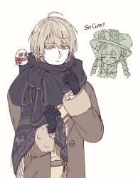 1boy 1girl 39999m ^_^ adjusting_scarf animal animal_on_shoulder bird bird_on_shoulder black_gloves black_scarf brown_coat chin_strap closed_eyes coat cropped_torso drill_hair english_text flower fur-trimmed_sleeves fur_trim gloves grey_eyes grey_hair hands_up hat hat_feather hat_flower highres long_hair low_twintails open_mouth picture_hat reverse:1999 scarf shirt short_hair smile sotheby tit_(bird) twin_drills twintails upper_body white_background yellow_shirt zima_(reverse:1999)