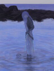 1boy black_gloves black_shirt collared_shirt gloves highres hoshirube_sho j14o7 lifting_own_clothes long_hair long_skirt long_sleeves male_focus nijisanji ocean otomo_(hoshirube_sho) outdoors pants purple_hair shirt skirt solo virtual_youtuber wading white_pants