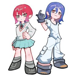 1boy 1girl amate_yuzuriha aqua_eyes blue_hair collared_shirt colored_inner_hair deformed full_body gloves gundam gundam_gquuuuuux highres limeindatrap long_sleeves looking_at_viewer lower_eyelashes_only multicolored_hair necktie pants panty_&amp;_stocking_with_garterbelt panty_&amp;_stocking_with_garterbelt_(style) parody red_eyes red_hair school_uniform shirt shoes short_hair shuji_ito skirt smile standing style_parody sweater two-tone_hair white_shirt