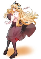 1girl barghest_(fate) black_dress black_pantyhose blonde_hair blush breasts dress fate/grand_order fate_(series) full_body green_eyes hand_up heterochromia highres large_breasts long_hair looking_at_viewer miyaka_(58305841) pantyhose red_eyes solo white_background
