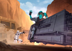 2boys absurdres alien armor armored_boots blue_skin blue_sky boots brown_gloves cloud colored_skin day fingerless_gloves gabriel_gomez_almenzar gloves highres lekku_(anatomy) multiple_boys outdoors sky star_wars stormtrooper twi&#039;lek white_armor