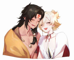 2boys absurdres asura_(onmyoji) bishounen black_hair blonde_hair closed_eyes commentary earrings eyeliner facial_mark facial_tattoo fangs happy highres jewelry konsai_2 long_hair lower_teeth_only makeup male_focus multiple_boys onmyoji red_eyeliner short_hair simple_background skin_fangs smile symbol-only_commentary taishakuten_(onmyoji) tattoo teeth tongue upper_body upper_teeth_only white_background