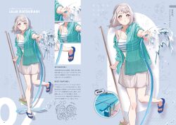 Rule 34 | 2girls, :t, ^ ^, absurdres, aqua jacket, bare legs, barefoot, blue eyes, blue ribbon, blush, braid, breasts, cleavage, closed eyes, collarbone, crop top, cropped shirt, gakuen idolmaster, grey hair, grey skirt, hair ribbon, half up braid, highres, holding, holding hose, holding mop, hose, idolmaster, jacket, katsuragi lilja, looking at viewer, medium breasts, midriff, mogami rin, mop, multiple girls, multiple views, ribbon, ribbon braid, sandals, shirt, shiun sumika, short hair, single bare shoulder, skirt, sleeveless, sleeveless shirt, smile, standing, standing on one leg, striped clothes, striped shirt, toes