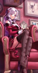 1girl absurdres argyle_clothes argyle_legwear armchair bad_id bad_pixiv_id banana_oekaki beetle black_gloves blush bow brown_thighhighs bug butterfly chair dress drill_hair feet framed_insect garter_straps gloves hair_bow hair_ornament hairband hand_on_own_knee highres hyakumantenbara_salome hyakumantenbara_salome_(1st_costume) insect looking_at_viewer nijisanji on_chair purple_eyes purple_hair purple_ribbon red_dress ribbon ringlets scorpion shoes single_shoe sitting smile thighhighs toes unworn_shoe virtual_youtuber