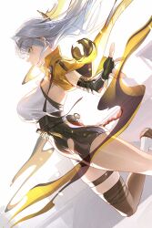 1girl belt black_gloves black_shorts black_thighhighs breasts cropped_jacket dynamic_pose elbow_gloves fingerless_gloves floating_hair from_side gloves hair_intakes high-waist_shorts highres jacket large_breasts long_hair midair nooo open_clothes open_jacket outstretched_hand profile shorts sidelocks single_thighhigh solo thigh_strap thighhighs thighs white_hair yellow_eyes yellow_jacket yi_xuan_(zenless_zone_zero) zenless_zone_zero