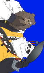 2boys animal_ears bara bear_boy bear_ears ben_bigger black_fur black_tank_top blue_background chain chain_necklace chinese_clothes claws closed_mouth commentary fat furry furry_male highres holding_headgear jacket jewelry looking_at_viewer male_focus multicolored_fur multiple_boys necklace notched_ear pan_yinhu panda_boy panda_ears plump round_eyewear scar scar_across_eye scar_on_face shirt smile syabeo symbol-only_commentary tank_top white_fur white_jacket wok yellow_shirt zenless_zone_zero