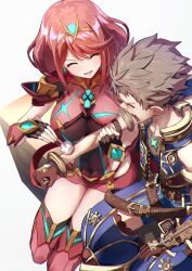 1boy 1girl absurdres blush bob_cut breasts brown_hair chest_jewel closed_eyes commentary_request core_crystal_(xenoblade) cotton_ball earrings highres injury jewelry large_breasts open_mouth pain pyra_(xenoblade) red_hair revision rex_(xenoblade) scene_reference screaming short_hair sitting smile spiked_hair swept_bangs takahashi_hizumi tiara xenoblade_chronicles_(series) xenoblade_chronicles_2