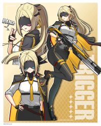1girl absurdres alternate_costume black_gloves black_jacket black_pants blonde_hair boots breasts closed_mouth collared_shirt commentary duplicate english_commentary english_text eye_mask facing_viewer fingerless_gloves gloves gun hand_on_own_hip highres holding holding_gun holding_weapon jacket jacket_on_shoulders long_hair medium_breasts multiple_views necktie pants pixel-perfect_duplicate ponytail rifle shirt shirt_tucked_in sleeves_rolled_up smile sniper_rifle trigger_(zenless_zone_zero) very_long_hair weapon white_shirt yellow_necktie zenless_zone_zero zoruu21