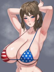 1girl american_flag_bikini american_flag_print armpits arms_behind_head arms_up bad_tag bikini blue_eyes blush breasts brown_hair cleavage flag_print flag_print_bikini grey_background highres huge_breasts long_hair looking_at_viewer navel nuo_(30340120) original parted_lips ponytail print_bikini simple_background solo steaming_body sweat swimsuit