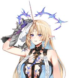 1girl bare_shoulders black_collar blonde_hair blue_eyes blue_hair breasts collar colored_inner_hair crown_of_thorns earrings fleurdelys_(wuthering_waves) foxyreine hand_on_own_head highres horns huge_breasts jewelry long_hair long_horns multicolored_hair necklace parted_bangs parted_lips pointy_ears sidelocks simple_background single_horn solo sweat tabard tacet_mark_(wuthering_waves) upper_body very_long_hair white_background white_tabard wiping_sweat wuthering_waves yellow_horns
