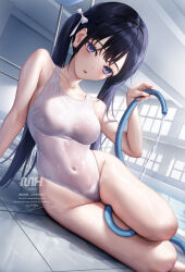 1girl bare_shoulders between_legs black_hair blue_eyes blush breasts collarbone covered_navel hair_ribbon highleg highleg_one-piece_swimsuit highres holding holding_hose hose indoors long_hair looking_at_viewer mhru one-piece_swimsuit open_mouth original ribbon sitting solo swimsuit thighs wet wet_clothes wet_swimsuit white_one-piece_swimsuit