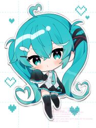 1girl ahoge aqua_eyes aqua_hair bare_shoulders black_skirt black_sleeves black_thighhighs blue_necktie blush chibi chibi_only closed_mouth collared_shirt commentary detached_sleeves frilled_sleeves frills full_body grid_background hair_between_eyes hair_up hatsune_miku heart heart_ahoge highres long_hair looking_at_viewer necktie pleated_skirt shirt skirt sleeveless sleeveless_shirt sleeves_past_fingers sleeves_past_wrists solo thighhighs tie_clip twintails tyazakura_sayu vocaloid watermark white_background white_shirt