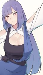 1girl black_tank_top blunt_bangs blunt_ends breasts cleavage clothing_cutout commentary crescent crescent_earrings earrings gradient_hair gundam gundam_zz hand_on_own_hip highres jewelry konishiki_(52siki) large_breasts long_hair long_sleeves looking_at_viewer multicolored_hair outstretched_arm pouch purple_hair red_eyes roux_louka shrug_(clothing) simple_background solo symbol-only_commentary tank_top white_background