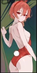 1girl animal_ear_hairband animal_ears ass back blue_archive blush braid breasts detached_collar fake_animal_ears from_behind hairband halo leotard looking_back mole mole_under_eye neru_(blue_archive) neru_(bunny)_(blue_archive) not_forever2w orange_hair playboy_bunny rabbit_ear_hairband rabbit_ears rabbit_tail red_eyes red_hairband red_leotard short_hair side_braid sideboob small_breasts smile solo standing