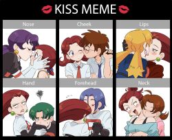 3boys 4girls age_progression aged_down black_gloves blonde_hair blue_hair blue_necktie brown_hair butch_(pokemon) cassidy_(pokemon) character_request crop_top dark_red_hair delia_ketchum earrings english_text gloves green_eyes green_hair hair_slicked_back hand_grab hetero highres james_(pokemon) jessie_(pokemon) jewelry kiana_mai kiss kiss_chart kissing_cheek kissing_forehead kissing_hand kissing_neck kissing_nose long_hair low_twintails mature_female miyamoto_(pokemon) mother_and_daughter multiple_boys multiple_drawing_challenge multiple_girls necktie nintendo pokemon pokemon:_destiny_deoxys pokemon_(anime) pokemon_rse_(anime) purple_eyes purple_hair red_necktie short_hair smile team_rocket team_rocket_uniform triangle_earrings twintails white_gloves yuri