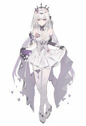 1girl asymmetrical_gloves bare_shoulders black_gloves black_tiara bug butterfly castorice_(honkai:_star_rail) crossed_legs curtsey dress elbow_gloves expressionless flower full_body gloves grey_hair hair_flower hair_ornament high_heels highres honkai:_star_rail honkai_(series) insect long_hair looking_at_viewer parted_lips pointy_ears purple_butterfly purple_eyes rekka_shinai shoes simple_background single_elbow_glove skirt_hold solo tiara uneven_gloves white_background white_dress white_shoes
