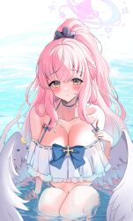 1girl absurdres angel_wings black_scrunchie blue_archive blush breasts byakko_0410 cleavage collarbone feathered_wings hair_ornament hair_scrunchie halo highres large_breasts long_hair looking_at_viewer mika_(blue_archive) navel parted_lips partially_submerged pink_hair pink_halo scrunchie solo water white_wings wings yellow_eyes
