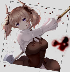 1girl axe battle_axe blood blood_on_face breasts brown_dress brown_hair brown_ribbon commentary demon_girl demon_horns dress expressionless grey_background hair_ribbon highres holding holding_axe holding_weapon horns jjjjjj_(emgh7234) linie_(sousou_no_frieren) long_sleeves looking_at_viewer purple_eyes ribbon shirt short_hair simple_background solo sousou_no_frieren twintails weapon white_shirt