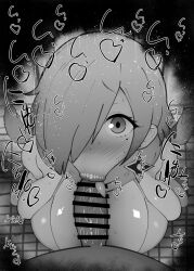 1boy 1girl :&gt;= bar_censor blush breasts censored erection fellatio greyscale hetero kurotama kusagakure_fumiko large_breasts long_hair looking_at_viewer monochrome ninja_to_koroshiya_no_futarigurashi nose_blush oral penis pov pov_crotch saliva solo_focus sweat tile_floor tiles