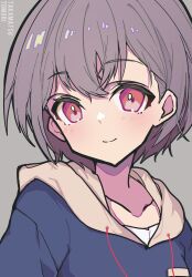 1girl absurdres bang_dream! bang_dream!_it&#039;s_mygo!!!!! blue_hoodie blush brown_eyes character_name chinese_commentary closed_mouth collarbone commentary_request grey_background grey_hair highres hood hood_down hoodie looking_at_viewer shirt short_hair simple_background solo takamatsu_tomori upper_body white_shirt zhong_xiansheng