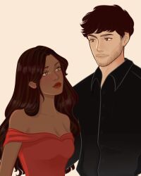 1boy 1girl beard black_shirt blush breasts brown_eyes cleavage commission copyright_request couple dark-skinned_female dark_skin dress facial_hair hand_on_another&#039;s_back height_difference hetero highres looking_at_another medium_breasts neia_(honei.studio) red_dress shirt wavy_hair