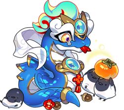 Rule 34 | acorn, animal, bird, blue gemstone, blue snake dragon (blue guardian) (dragon village), blue snake dragon (dragon village), crying, crying with eyes open, dragon village (series), dragon village collection, food, fruit, game cg, gem, holding, holding food, holding fruit, horns, lowres, mandarin orange, no humans, official art, persimmon, shawl, snake, tail, tail ornament, tail ring, tears, third-party source, tongue, tongue out, transparent background, white shawl, yellow eyes