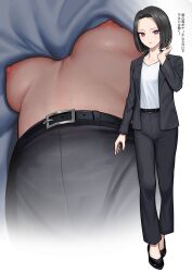 1girl absurdres belt black_belt black_footwear black_hair black_jacket black_pants breasts formal_clothes highres jacket large_breasts mole mole_under_mouth multiple_views nipples office_lady original paid_reward_available pants pipi20211026 purple_eyes shirt short_hair simple_background suit translation_request underboob upshirt white_shirt