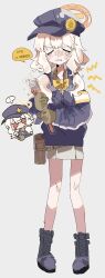 1girl absurdres aoba_(blue_archive) armband blue_archive bow bowtie closed_eyes gloves grey_background halo hat highres odmised simple_background skirt yellow_bow yellow_bowtie yellow_halo